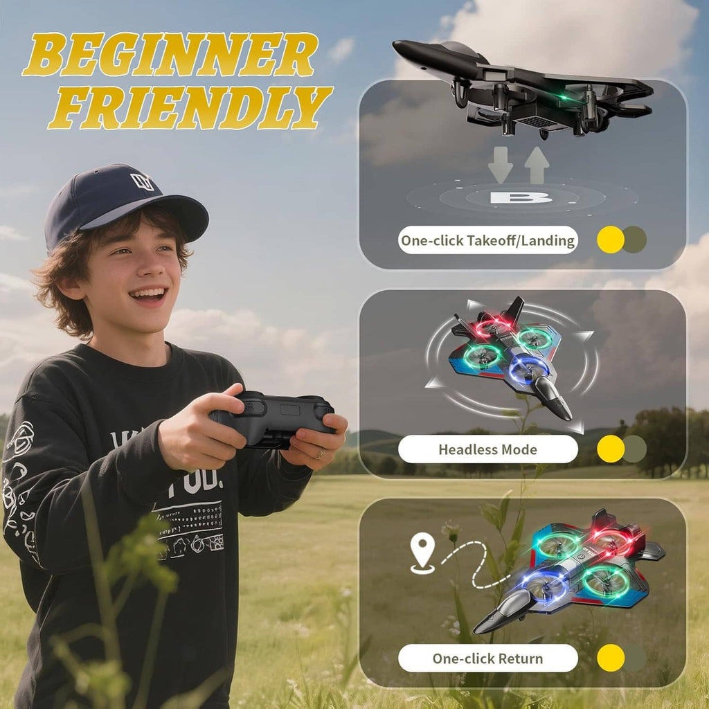 RC remote-control airplane drone with illuminated LED lights and handheld remote controller