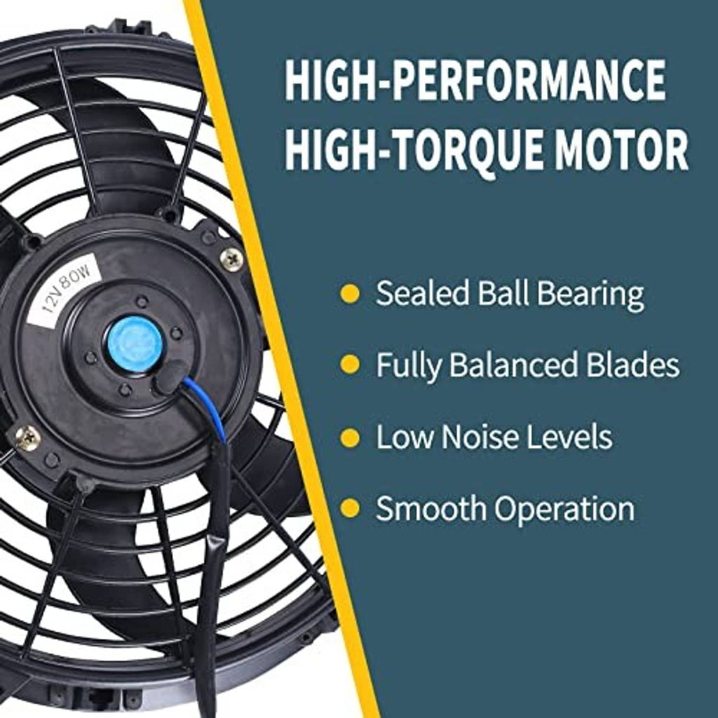 Black 10-inch radiator cooling fan motor housing and blade grille close-up