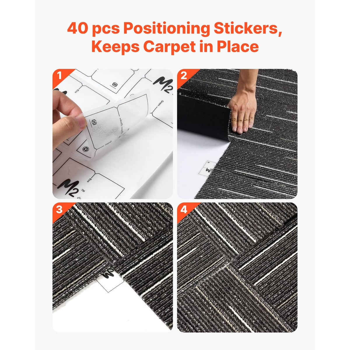 Gray carpet tile being positioned with adhesive tabs to keep it in place