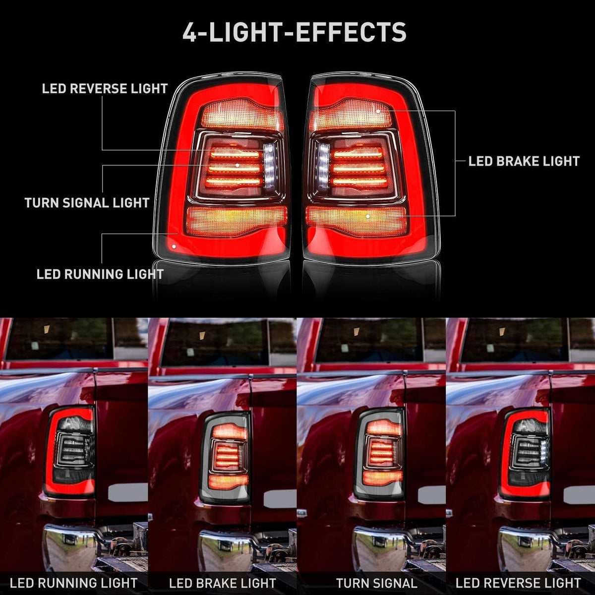 LED tail lights showing multiple lighting modes with red running, brake, turn, and reverse segments