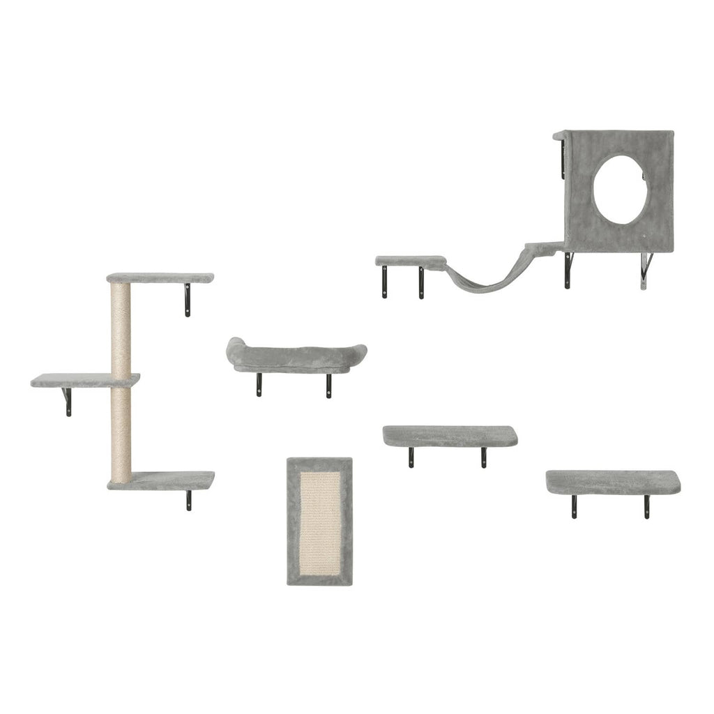 Wall-mounted cat perch set with shelves, hammock bed, and sisal pad