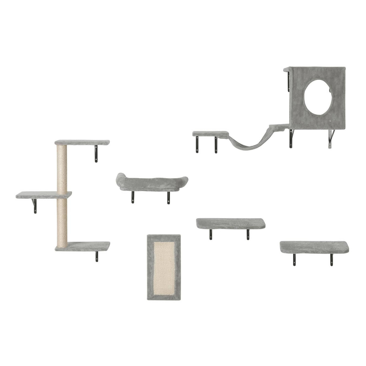Wall-mounted cat perch set with shelves, hammock bed, and sisal pad