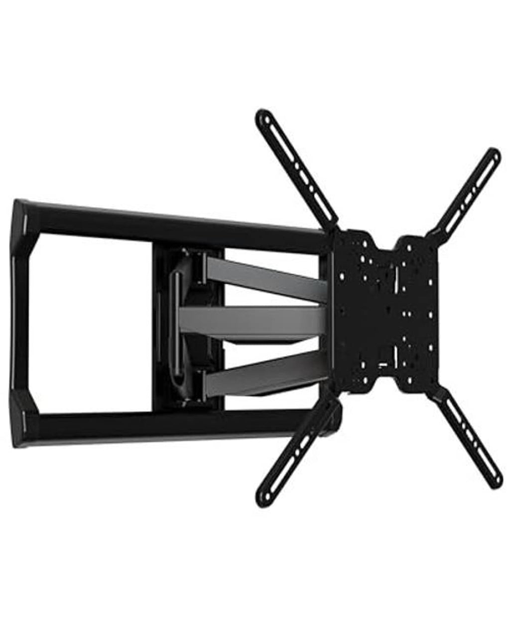 Black full-motion TV wall mount with hinged arms and wall plate, front view