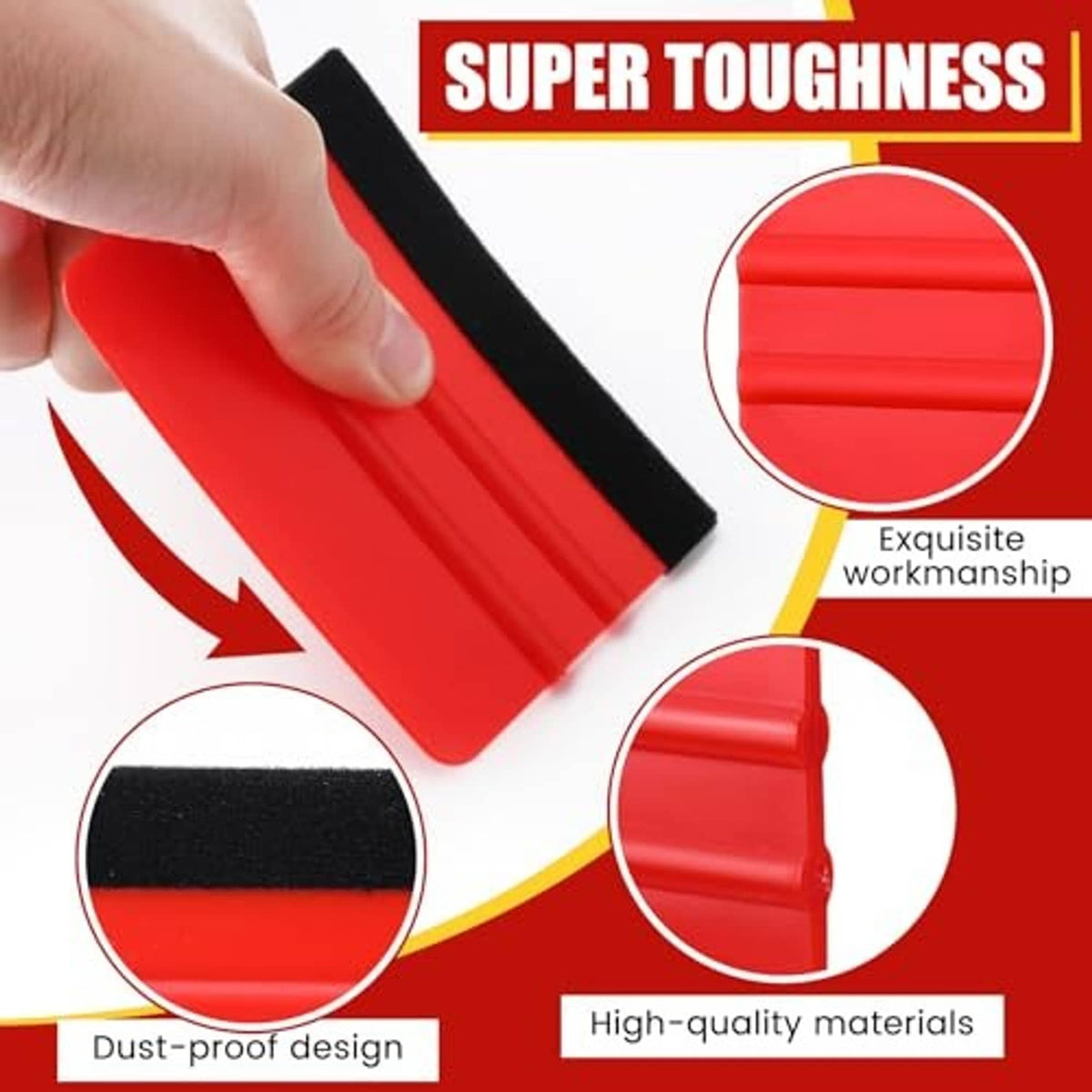 Handheld red plastic vinyl squeegee with black felt edge for smoothing