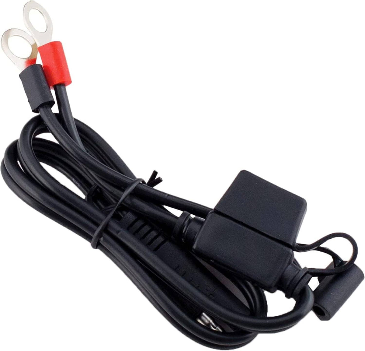 Black ring terminal adapter cable with red terminal lug and quick-disconnect housing