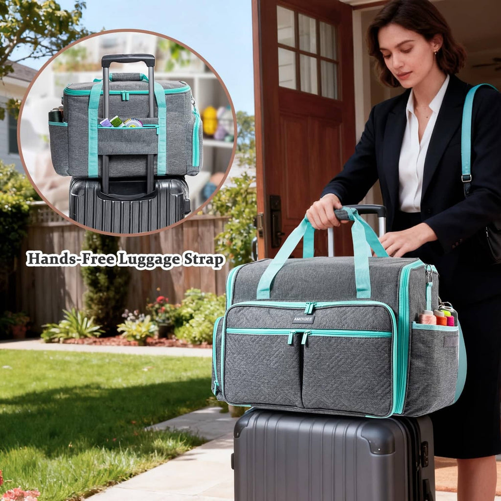 Gray and teal wheeled sewing machine case with hands-free luggage strap