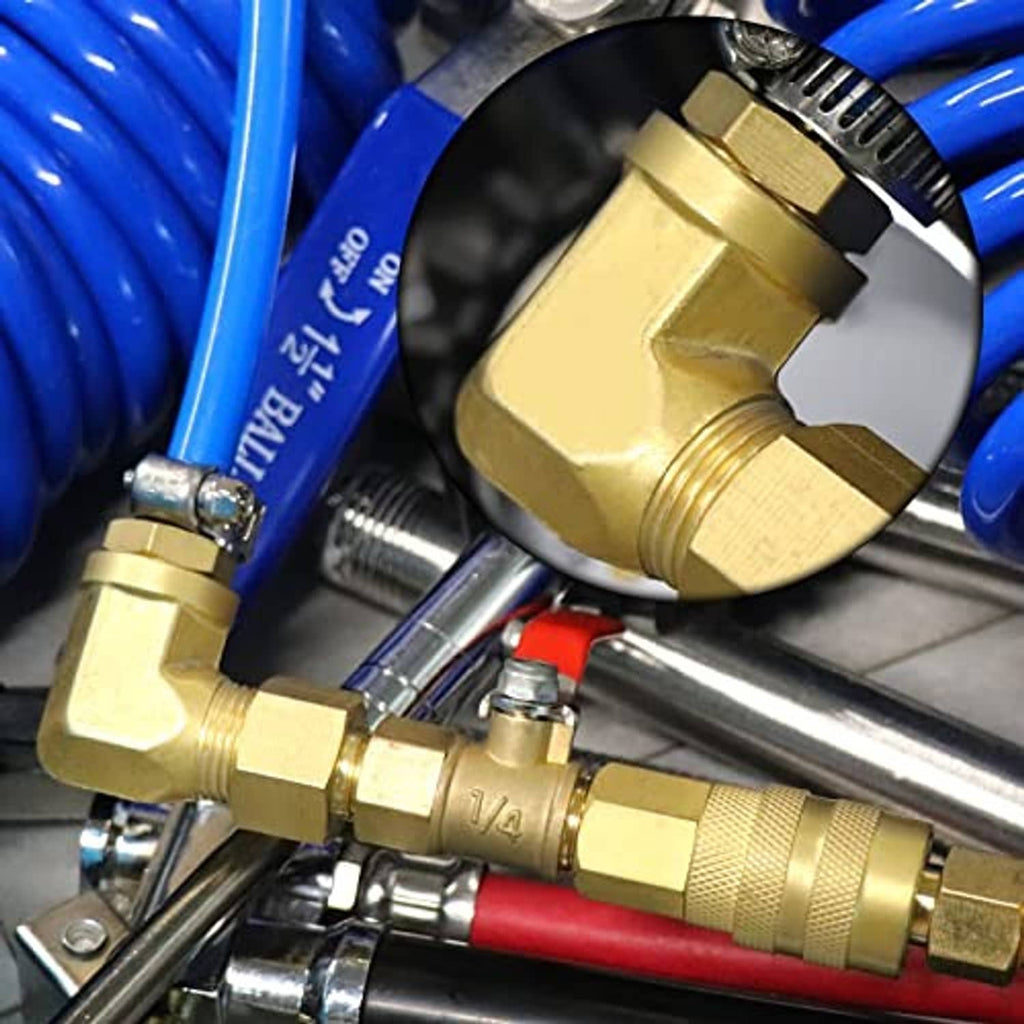 Brass 90-degree street elbow pipe fitting connected to metal tubing, threads visible