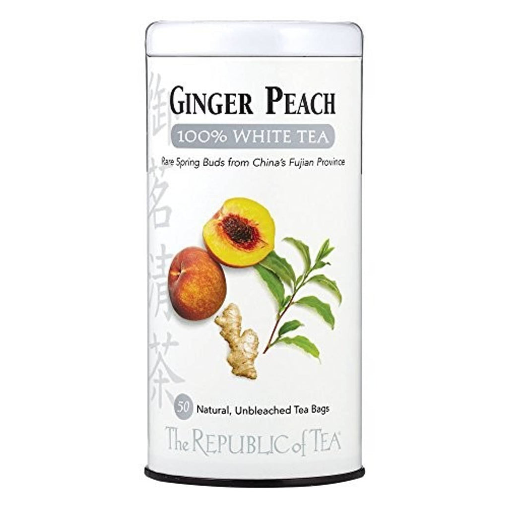 Ginger peach white tea tin, front label with fruit and ginger illustrations