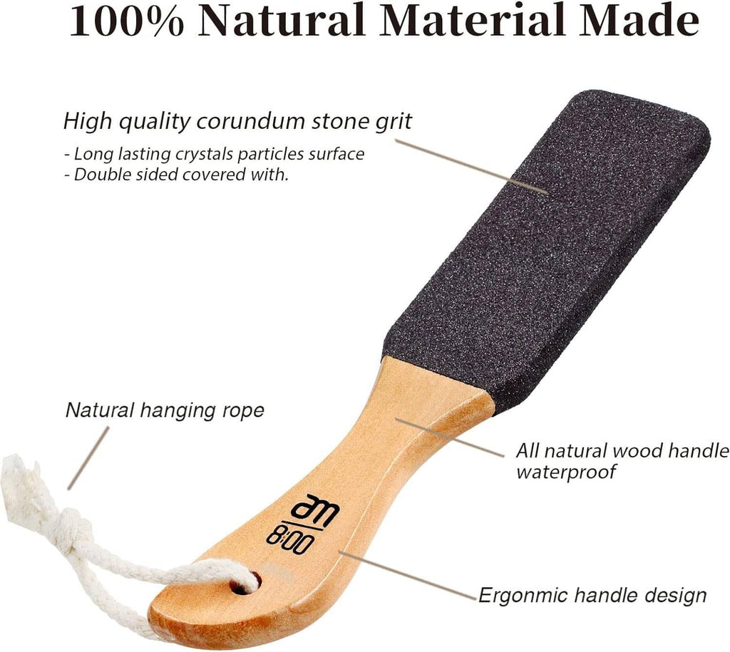 Foot scrubbing file with dark grit stone surface and wood handle with hanging loop.