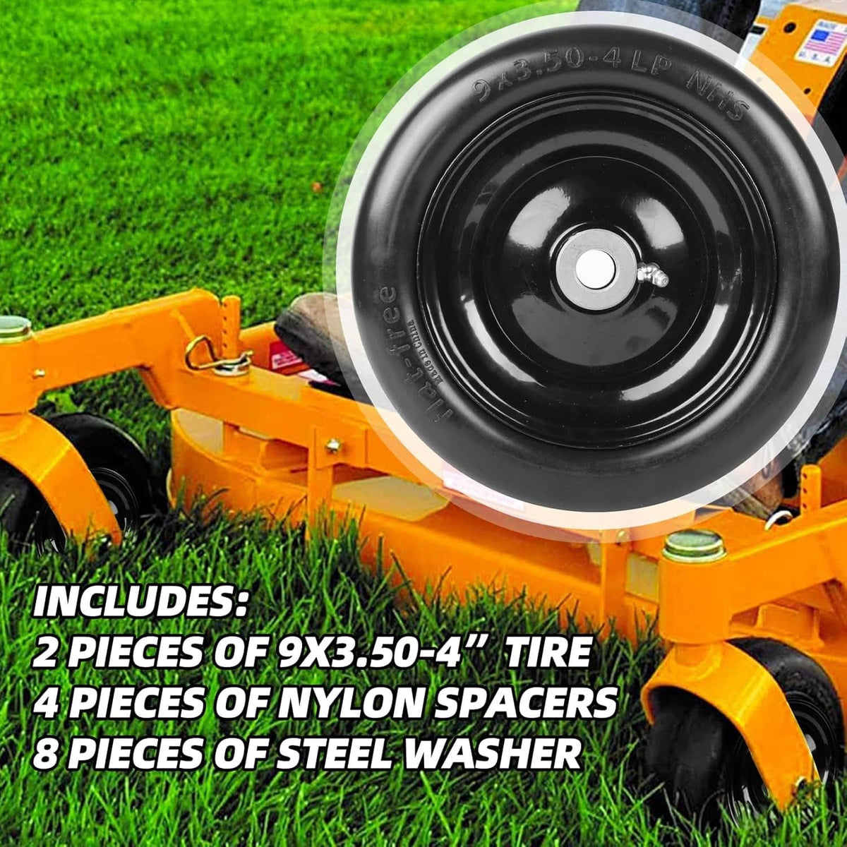Black flat-free lawnmower tire mounted on an orange lawn mower base