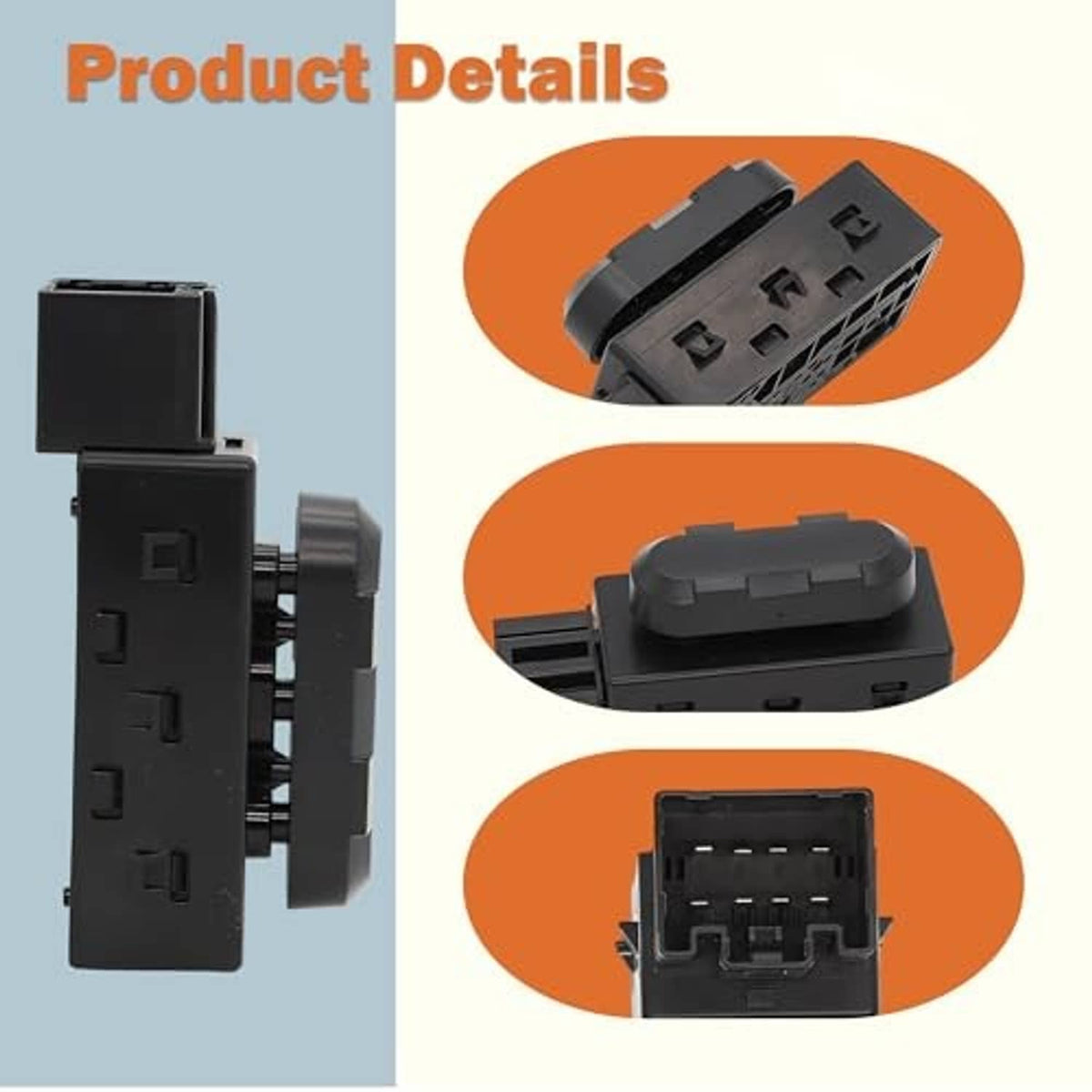 Power seat switch adjuster details with connector housing and side mounting tabs