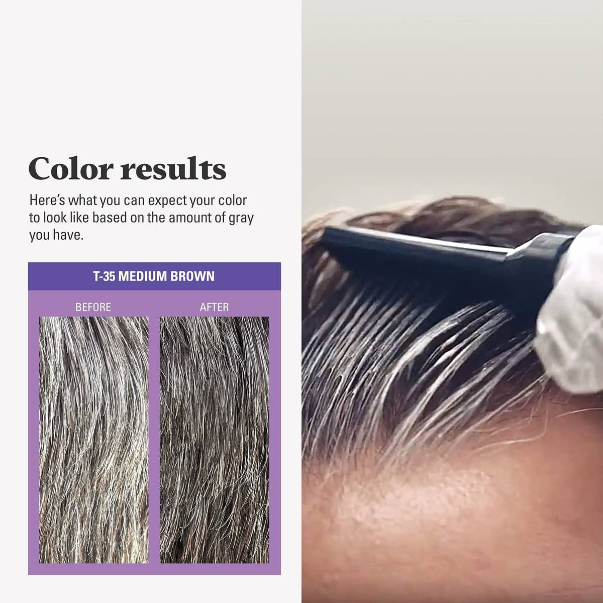 Gloved hand applying men’s hair color with comb over hair, color results panel