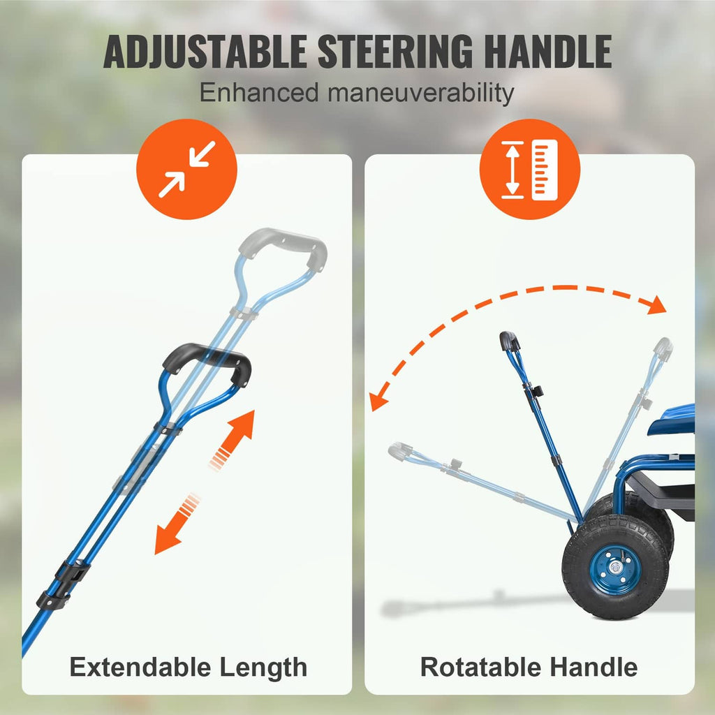 Blue cart seat with extendable, rotatable steer handle for maneuvering