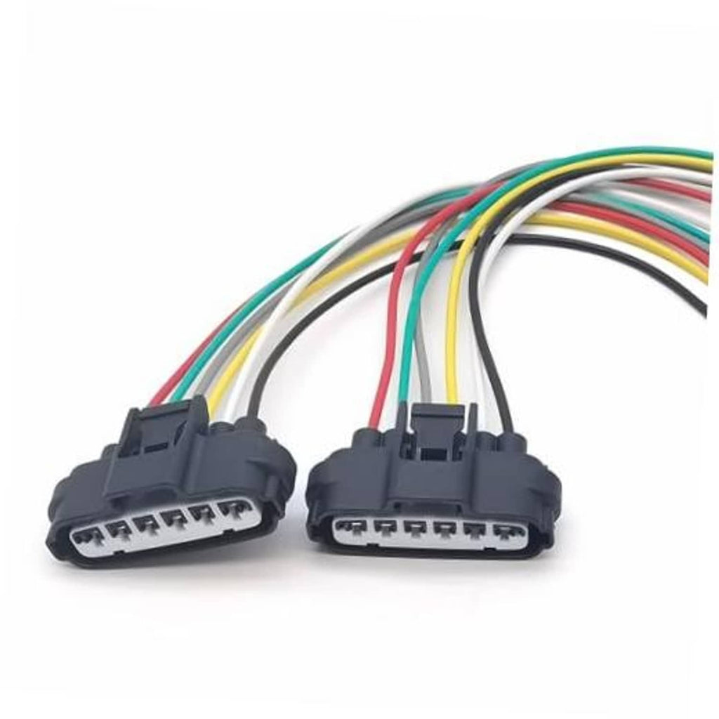 Pair of black 6-pin wire plug connectors with multicolor leads