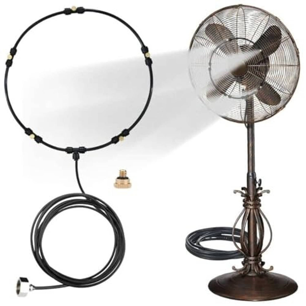 Outdoor misting fan kit with pedestal fan, circular mist ring, and coiled black hose