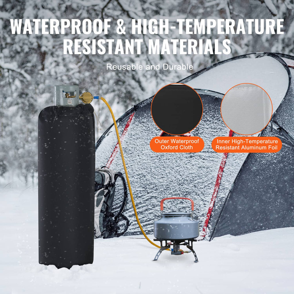 Black insulated gas cylinder warmer with water-resistant outer cloth and inner foil lining.