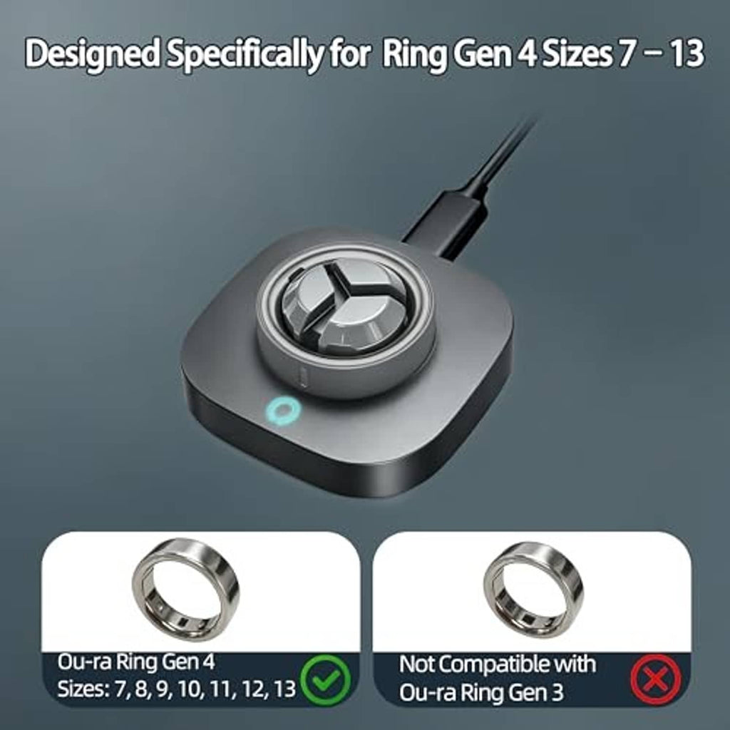 Ring charging dock base with central cradle, cable connection, and indicator