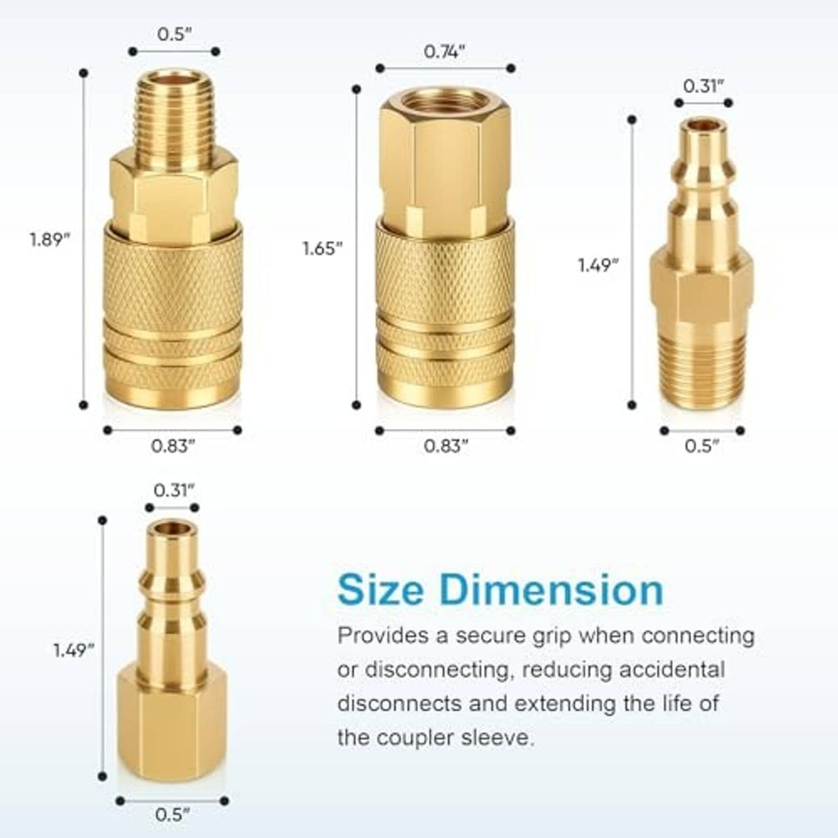 Brass 1/4" NPT air hose fitting sizes with height and width measurement callouts