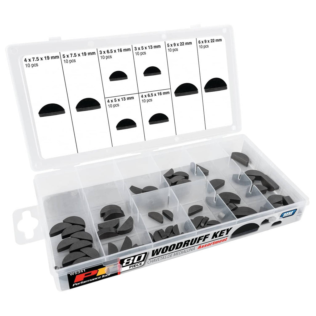 Metric woodruff key assortment with 80 dark semicircle keys in plastic case