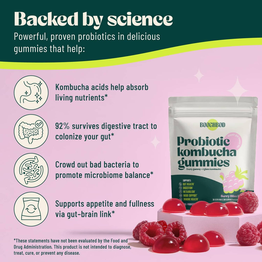 Probiotic kombucha gummy pouch with round red gummies in front