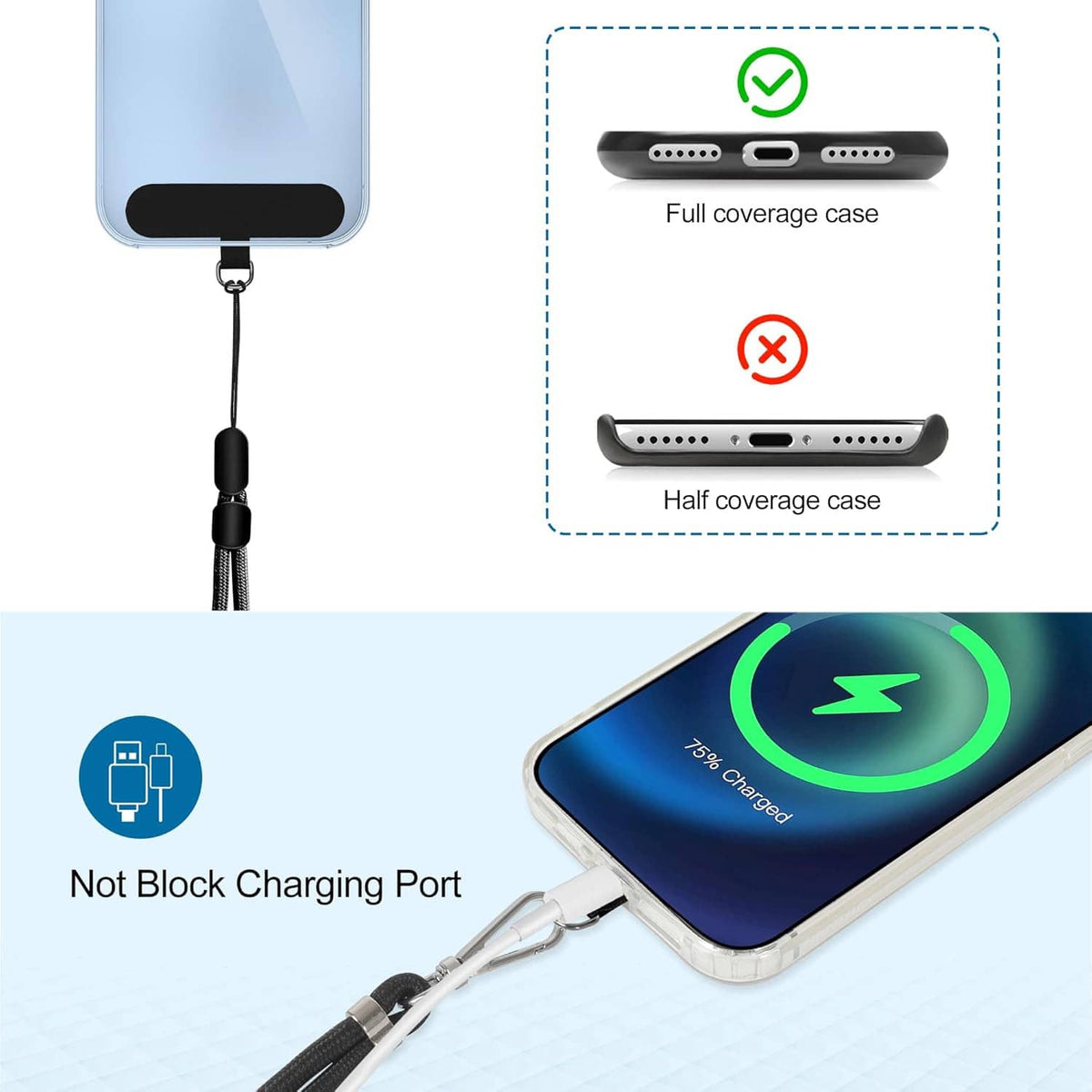 Phone case with attached phone lanyard showing full coverage and open charging ports