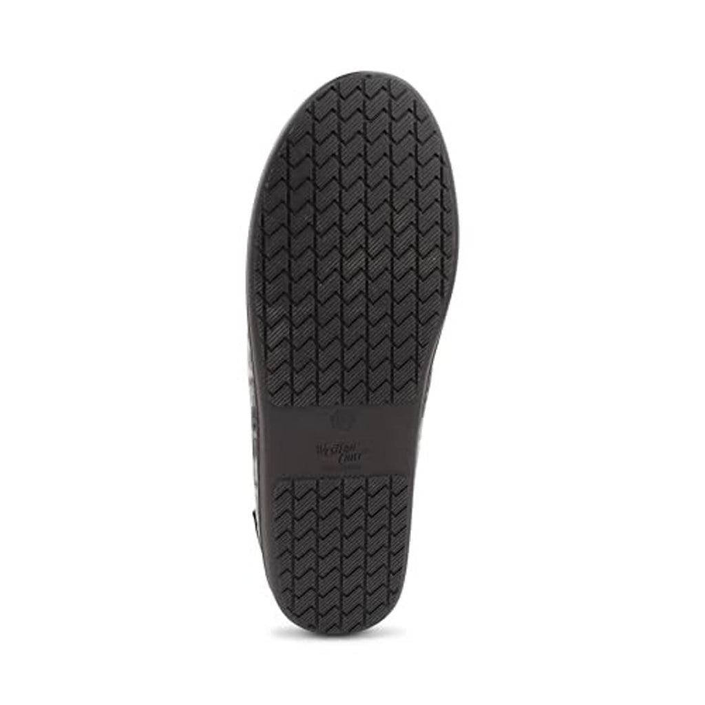 Rubber outsole for grey plaid moccasin slippers with textured grip pattern