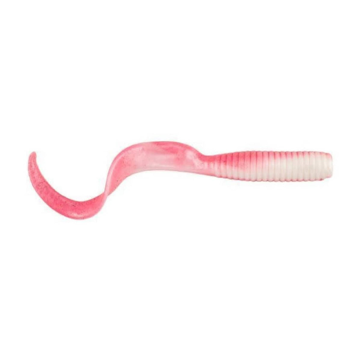 Pink soft fishing grub bait with ribbed wide tail, curled worm shape