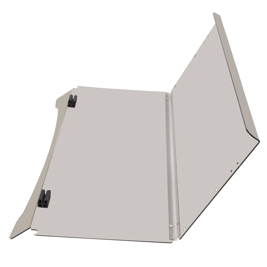 Folding beige tinted golf cart windshield with hinged panel and black corner mounts