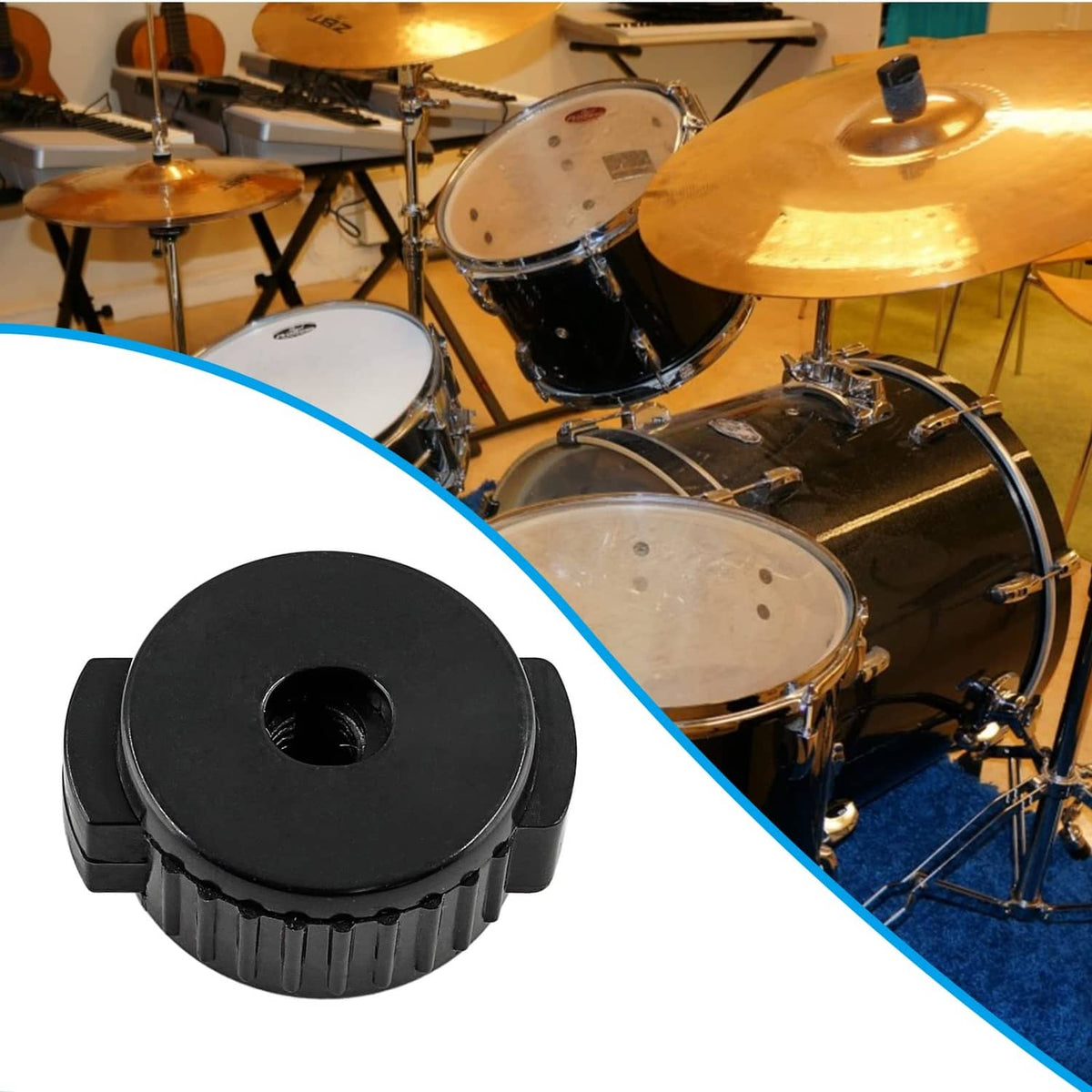 Black plastic cymbal nut shown near a drum kit, with ridged grip and center hole.