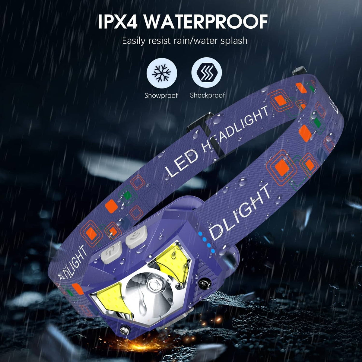 Blue LED headlamp with sealed front and splash-style water resistance effect