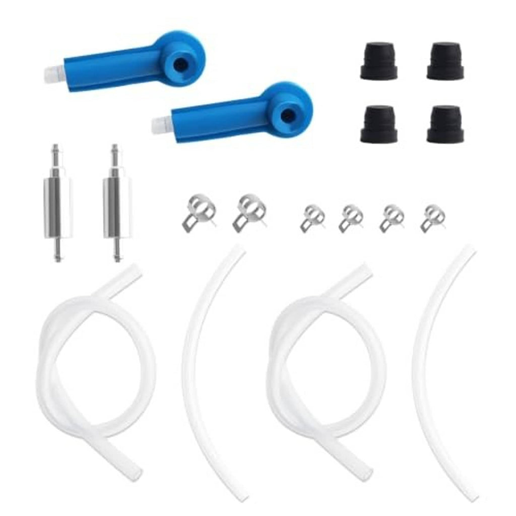 Brake bleeder hose kit components: blue check valve adapters, clear hoses, black caps, clamps