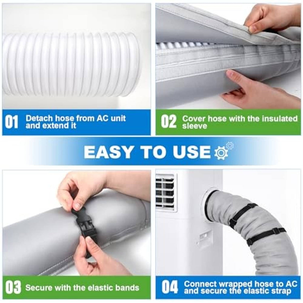 Gray AC hose insulation sleeve with elastic securing bands, partially installed