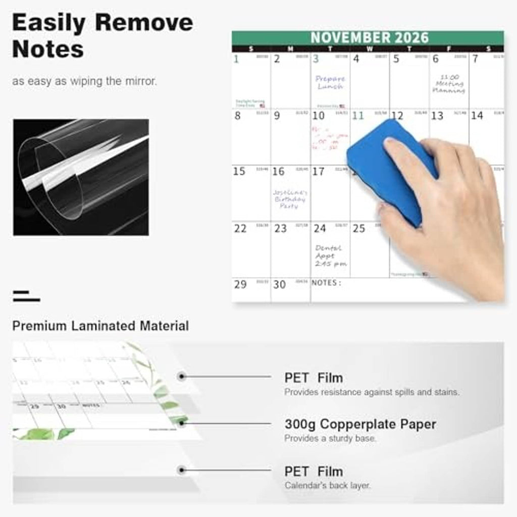 Laminated dry-erase wall calendar with green grid bands and blue marker writing