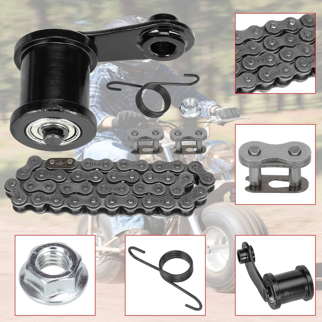 Chain tensioner roller kit with drive chain, spring, nuts, and mounting brackets