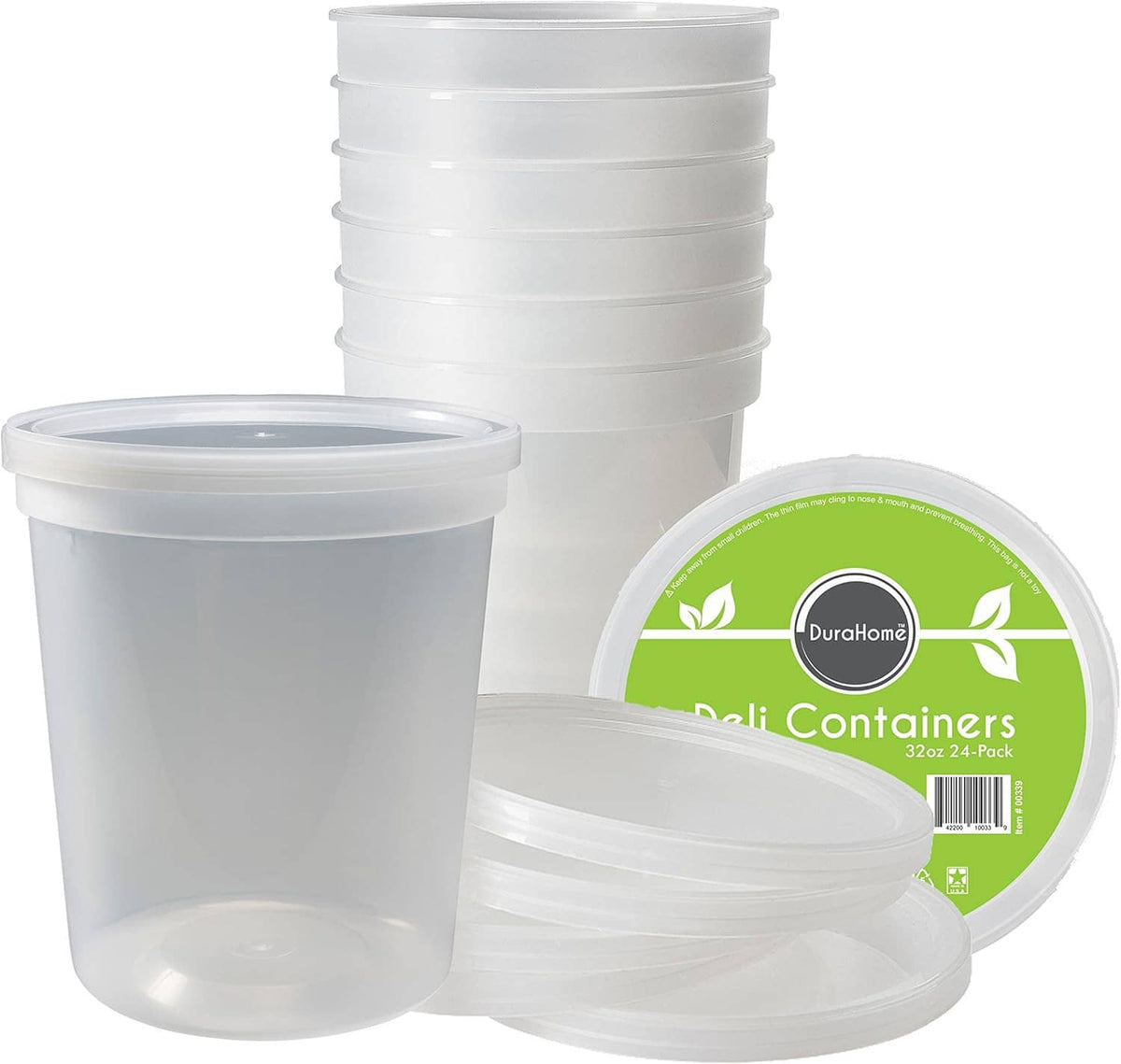 Stacked clear deli containers with white lids, empty 32 oz 24-pack style