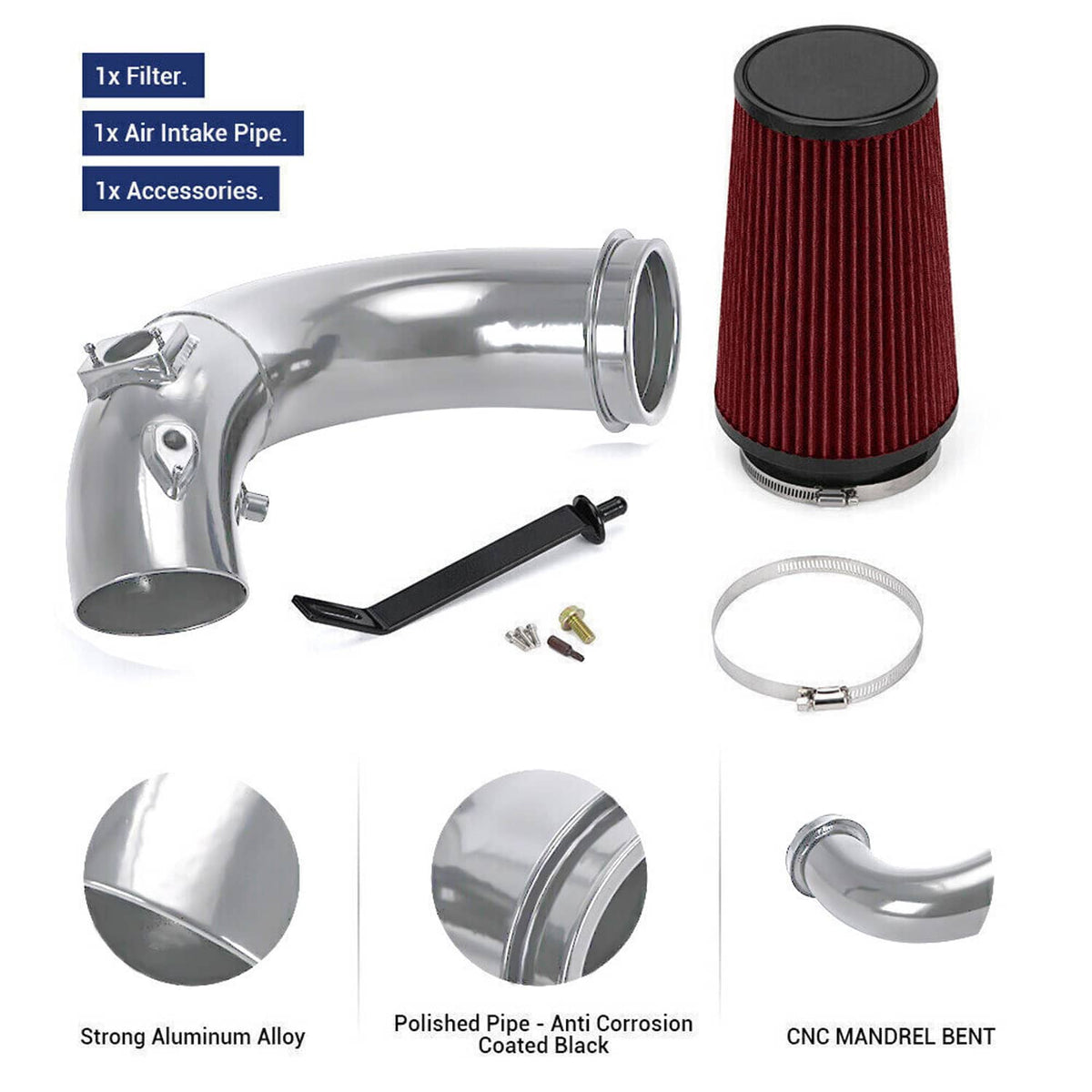 Cold air intake kit with red oiled filter, chrome pipe, and included accessories