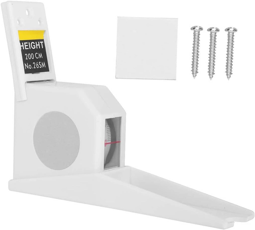 Retractable wall height meter with mounting plate, screws, and recessed display window