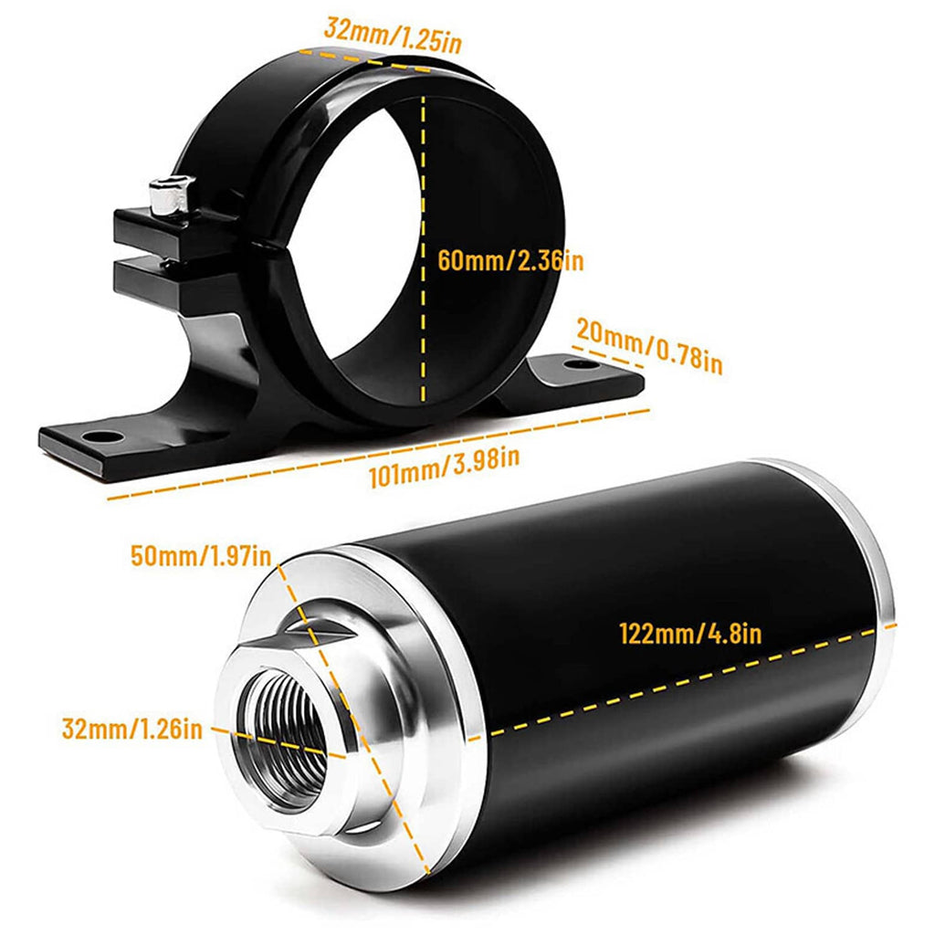 Inline fuel filter dimensions view, black canister with metal inlet and mounting bracket