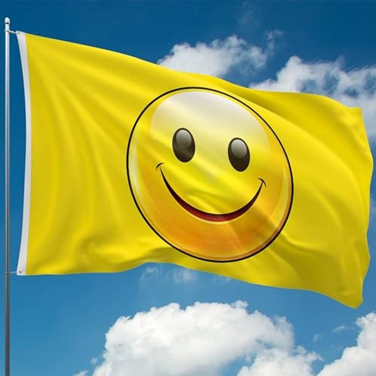 Yellow smiley face flag flying on a pole, centered grin graphic