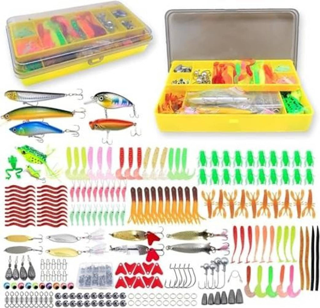 Fishing lure tackle box kit open with yellow case and multicolor crank and soft lures