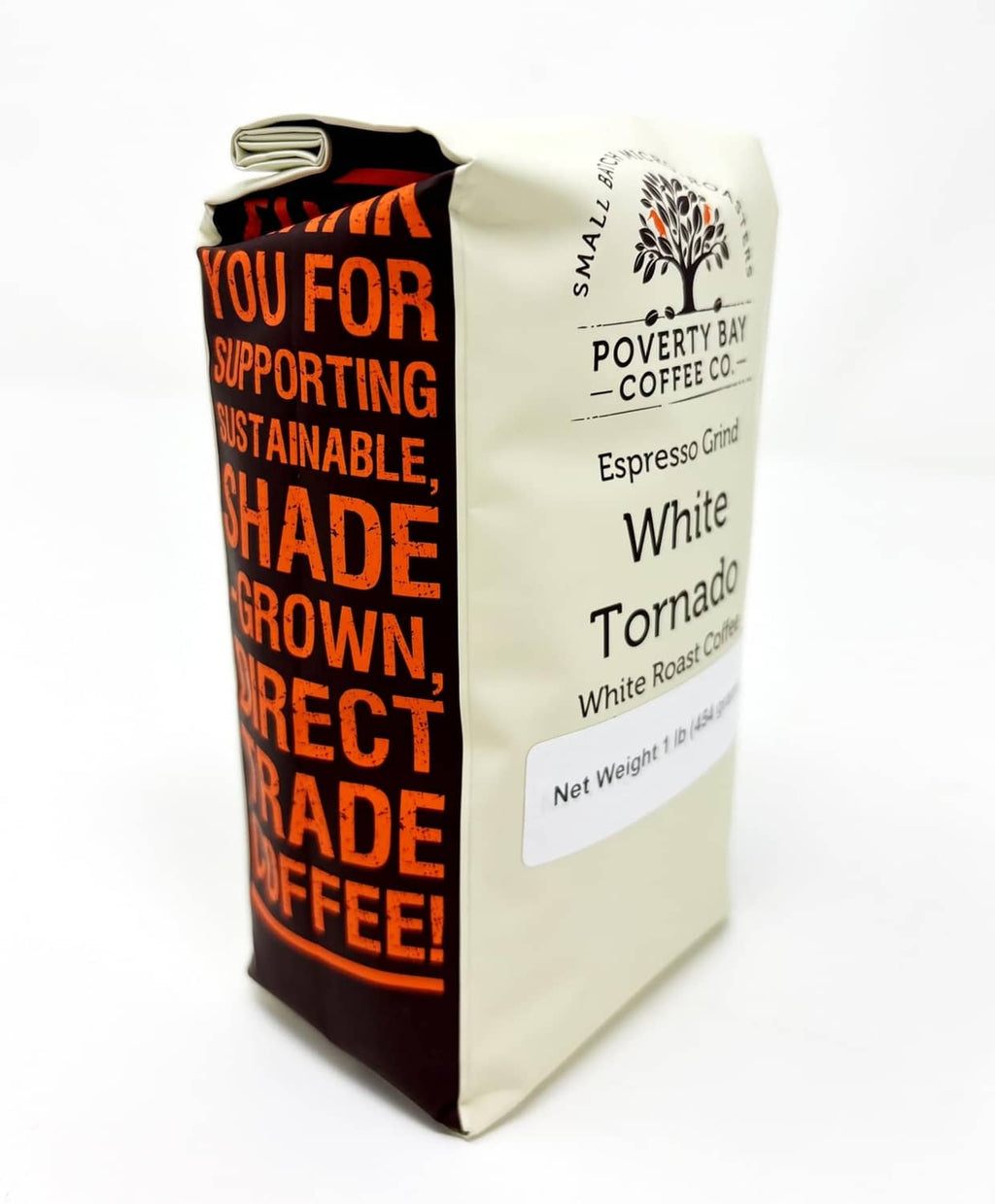 Espresso grind coffee bag with side text and Poverty Bay Coffee Co. branding