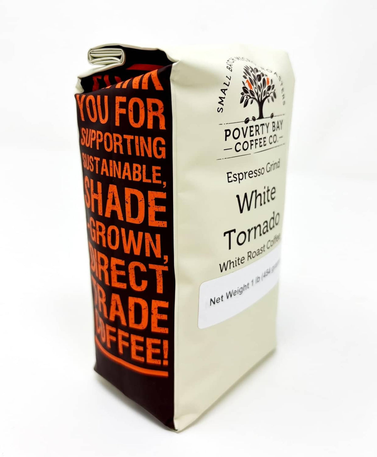 Espresso grind coffee bag with side text and Poverty Bay Coffee Co. branding