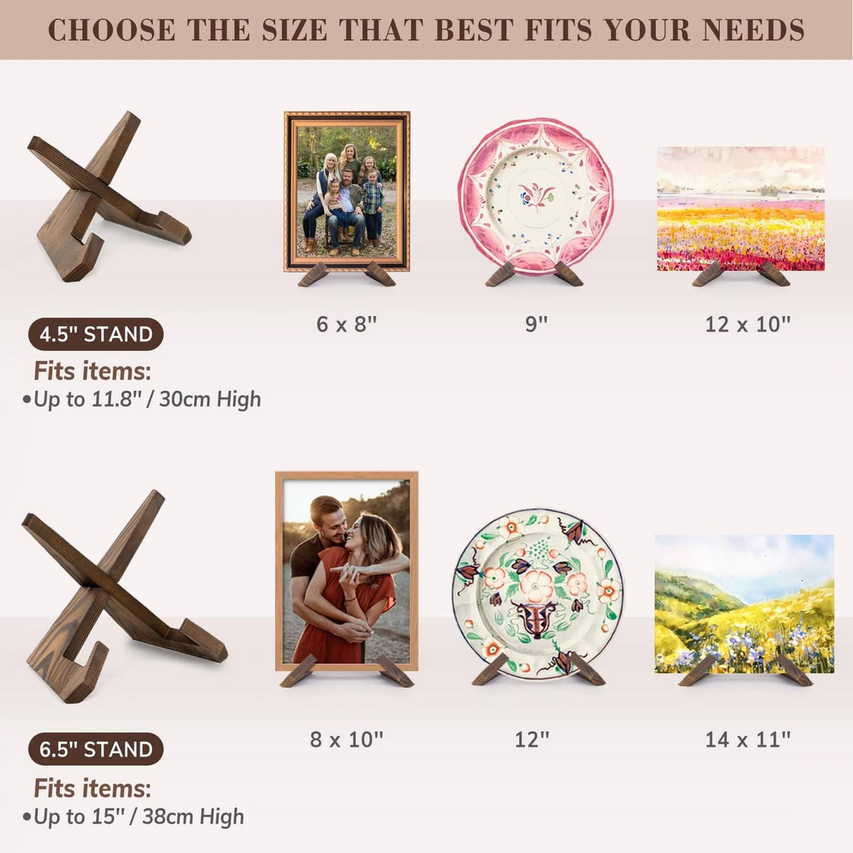 Brown plate stand with crossed legs for 6.5-inch plates, tabletop display