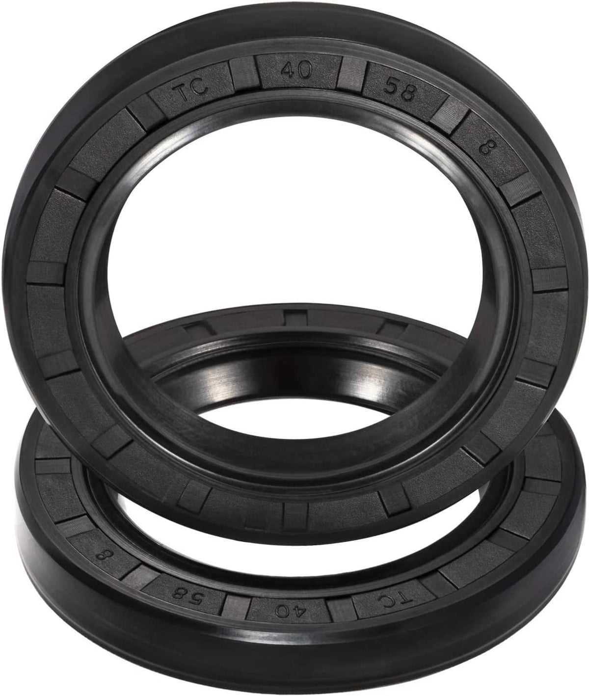 Black rubber wheel seal rings with molded markings, shown stacked and side profile
