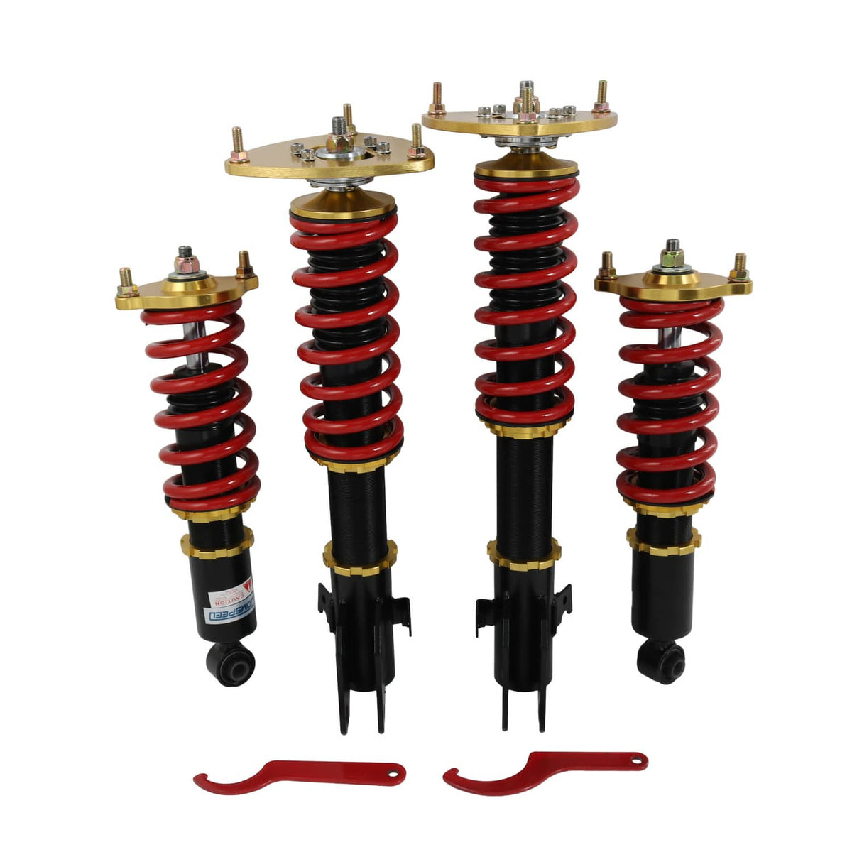 Adjustable coilover struts with red springs, black shocks, gold top mounts, and red tool
