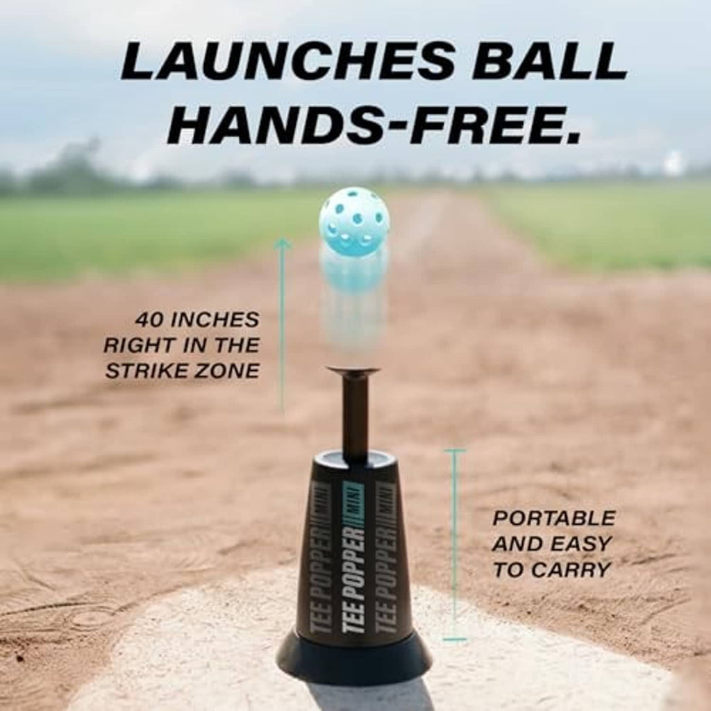 Portable mini tee popper with teal popper ball mounted on top