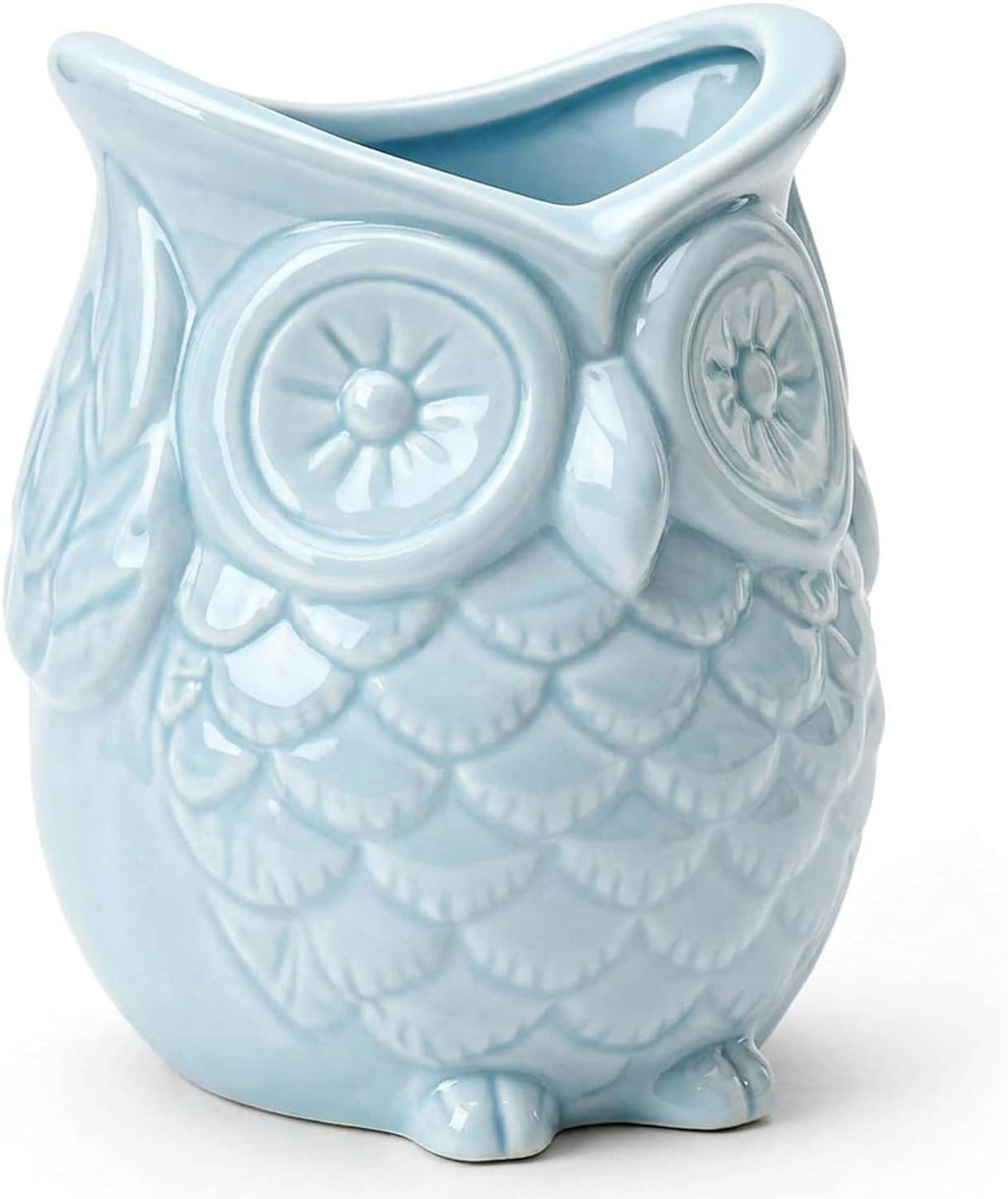 Glazed ceramic owl pen holder, light blue, scalloped feather design