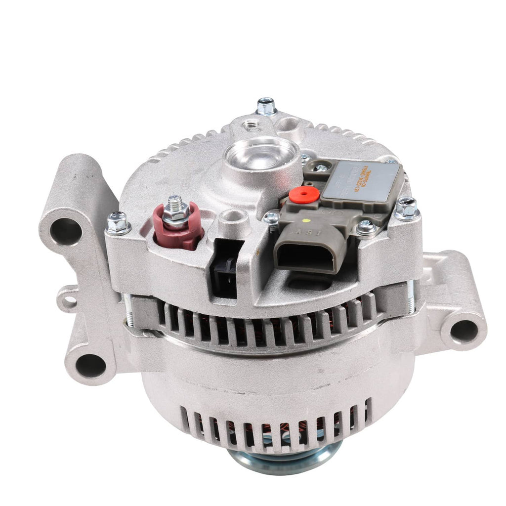 Silver alternator unit with vented housing and mounting ears, front view with pulley hub
