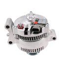 Silver alternator unit with vented housing and mounting ears, front view with pulley hub