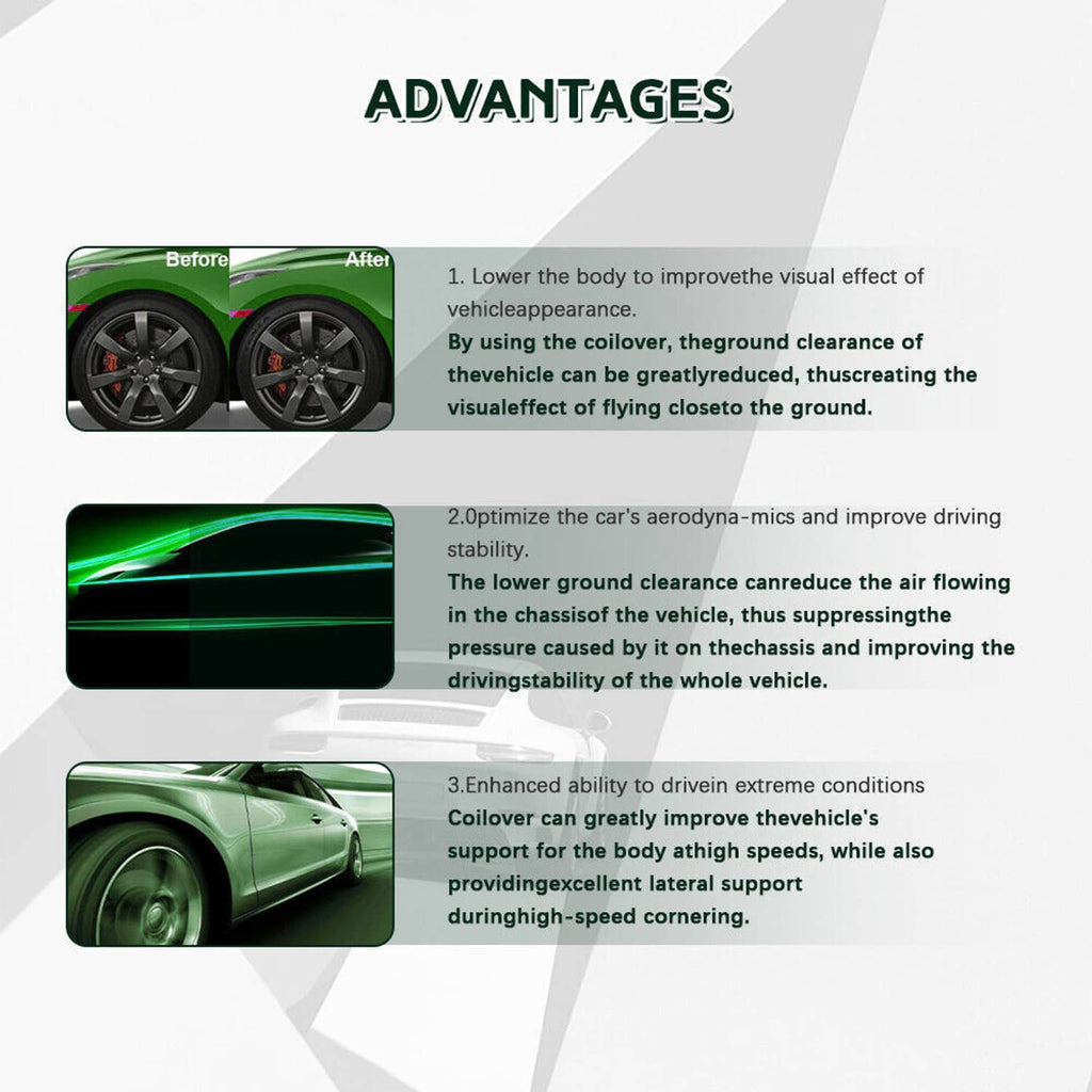 Coilover advantages infographic with car images and three numbered benefit descriptions